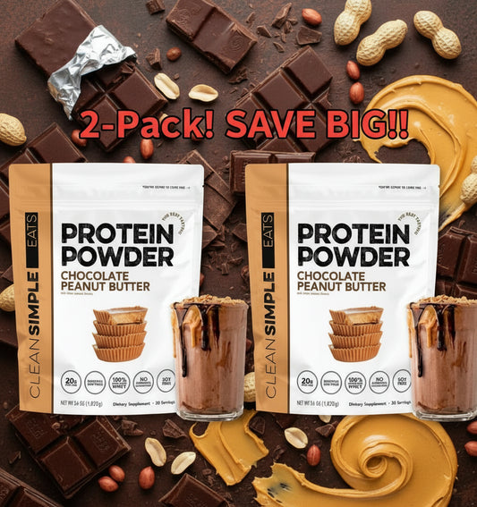 Protein powder package with a glass of chocolate peanut butter protein shake.
