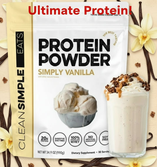 Protein powder package with vanilla ice cream and shake on a white background