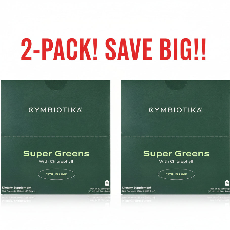 Cymbiotika Super Greens with Chlorophyll Citrus Lime dietary supplement packaging on a green background