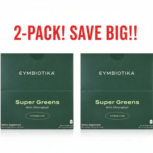 Cymbiotika Super Greens with Chlorophyll Citrus Lime dietary supplement packaging on a green background