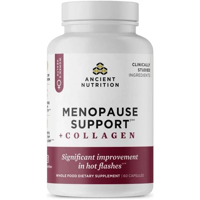 Supplement bottle labeled 'Menopause Support + Collagen' by Ancient Nutrition on a white background