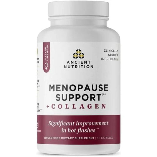 Supplement bottle labeled 'Menopause Support + Collagen' by Ancient Nutrition on a white background