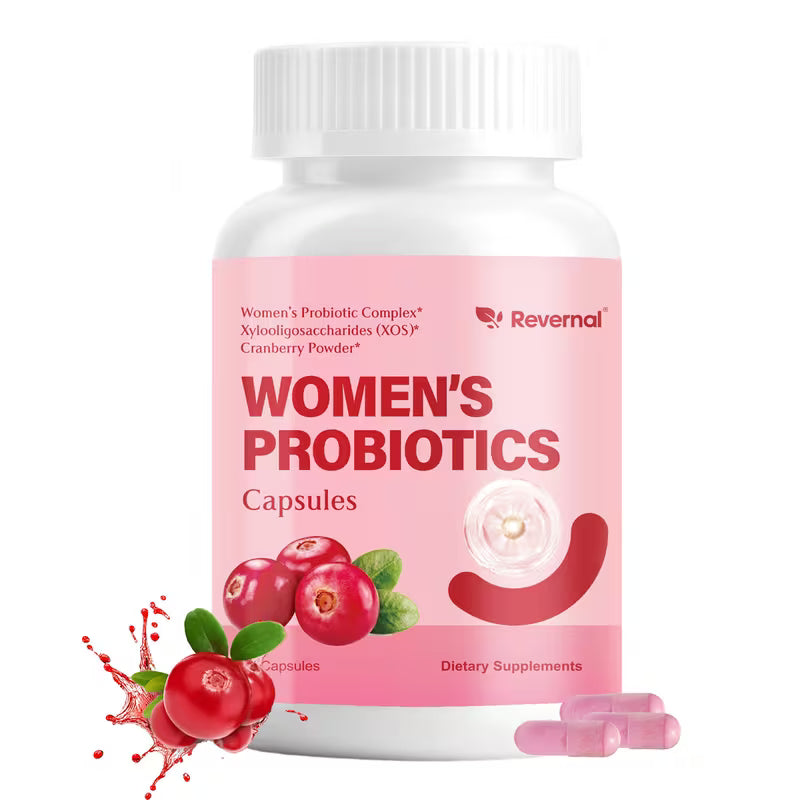 Bottle of women's probiotics with cranberries on a white background