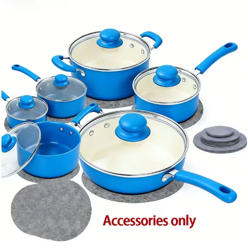 Set of blue cookware with lids on a white background