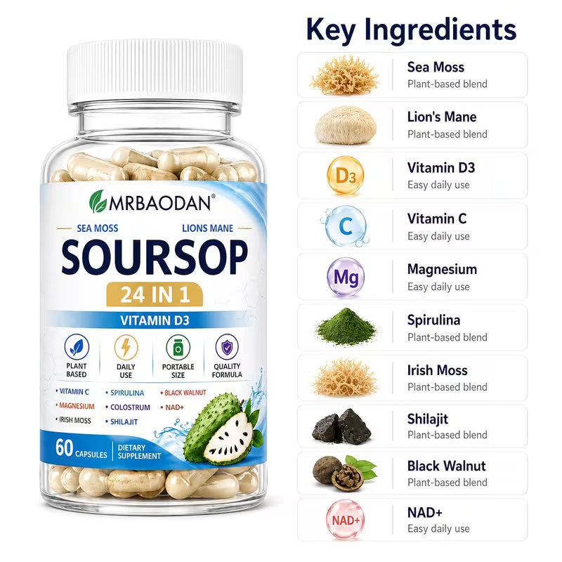 Supplement bottle labeled 'Soursop' with key ingredients listed on a white background