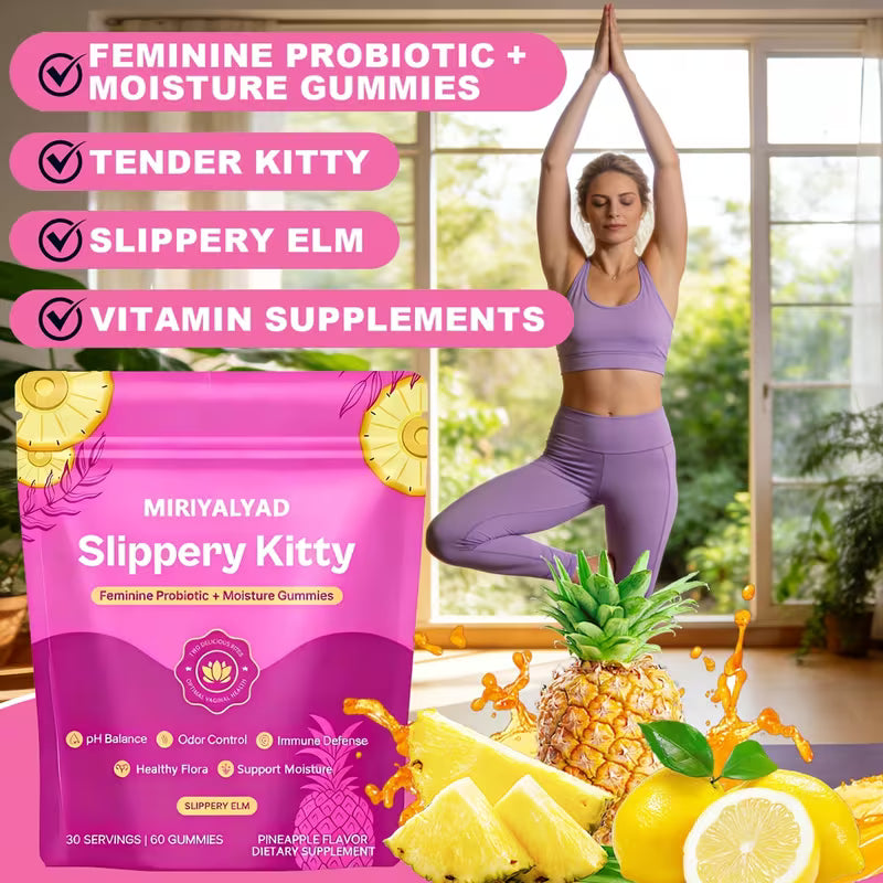 Miriyal Yad Slippery Kitty gummies packaging with a woman doing yoga and fruits in the background.