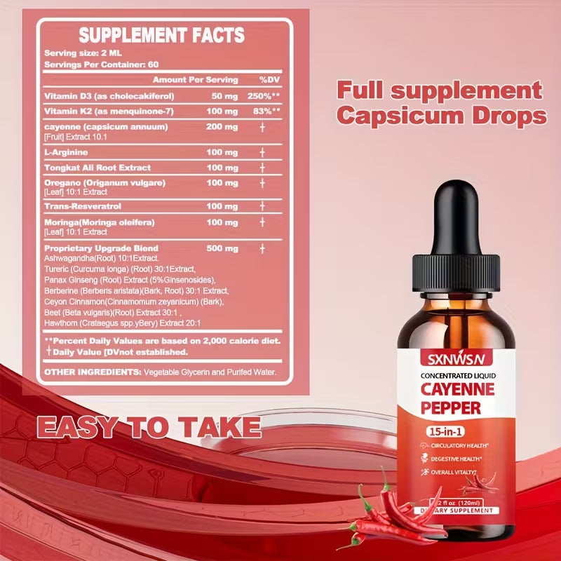 Supplement bottle with dropper labeled 'Cayenne Pepper' on a red background with supplement facts.