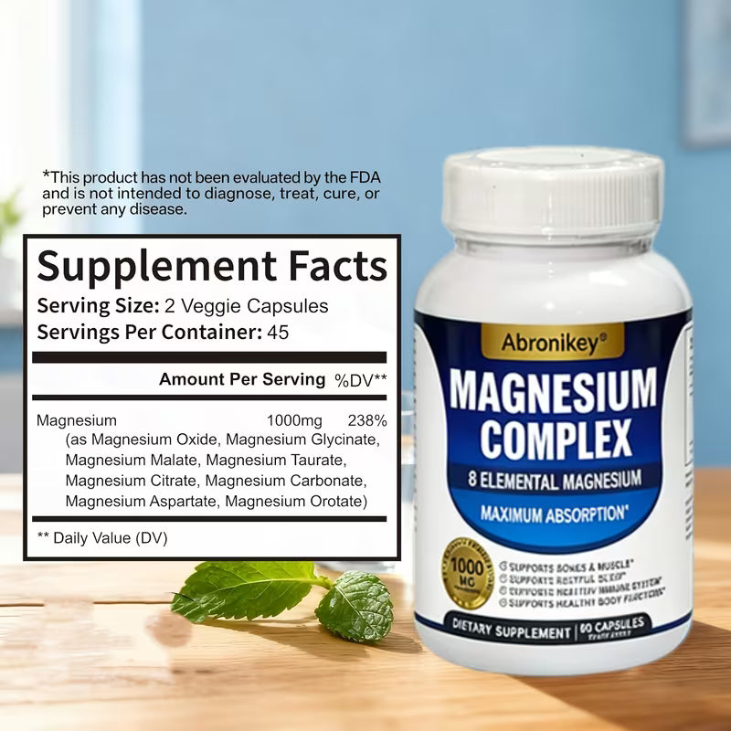 Supplement bottle labeled 'Magnesium Complex' with supplement facts on a wooden surface.