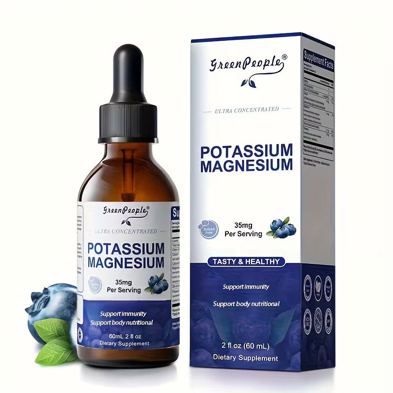 Brown bottle with dropper and white box labeled 'GreenPeople Potassium Magnesium' on a white background