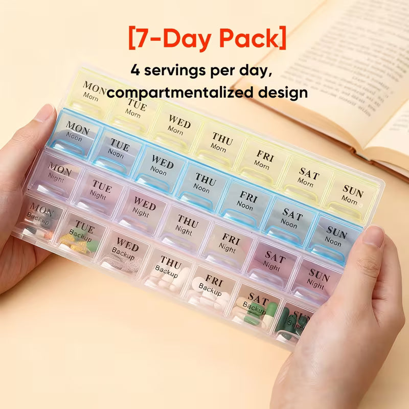 7-day pill organizer with compartments for daily medication, held by a hand on a light background.