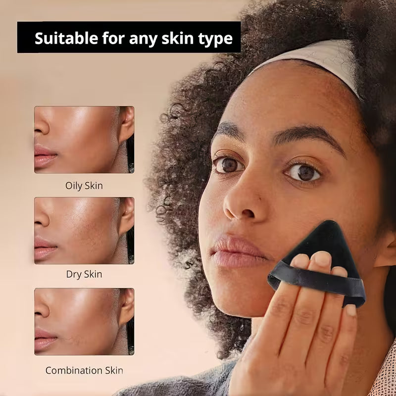 Woman using a black facial tool with insets for oily, dry, and combination skin types on a beige background.