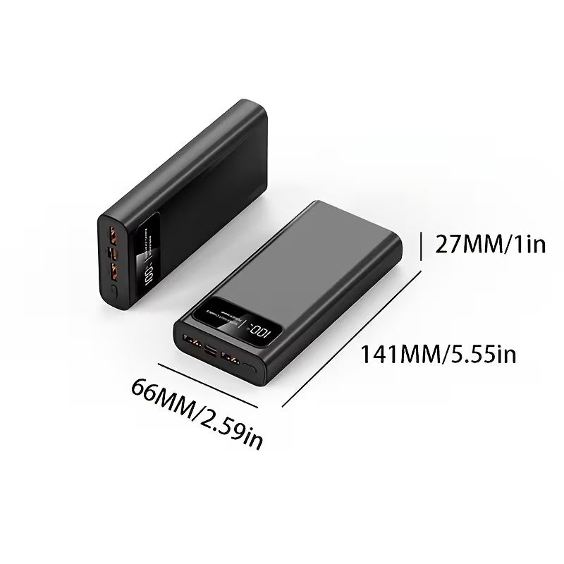 Two portable power banks with dimensions labeled on a white background