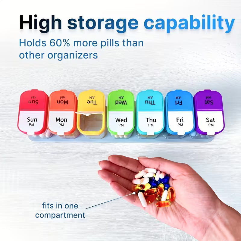Multicolored pill organizer with labeled compartments and a hand holding pills.