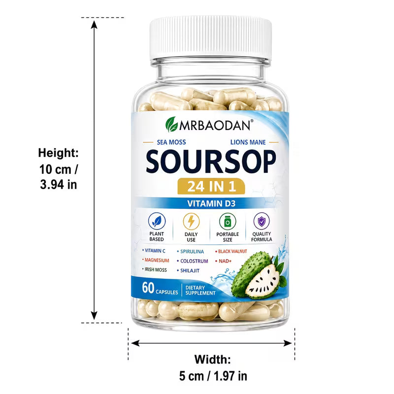 Supplement bottle labeled 'Soursop' with dimensions on a white background