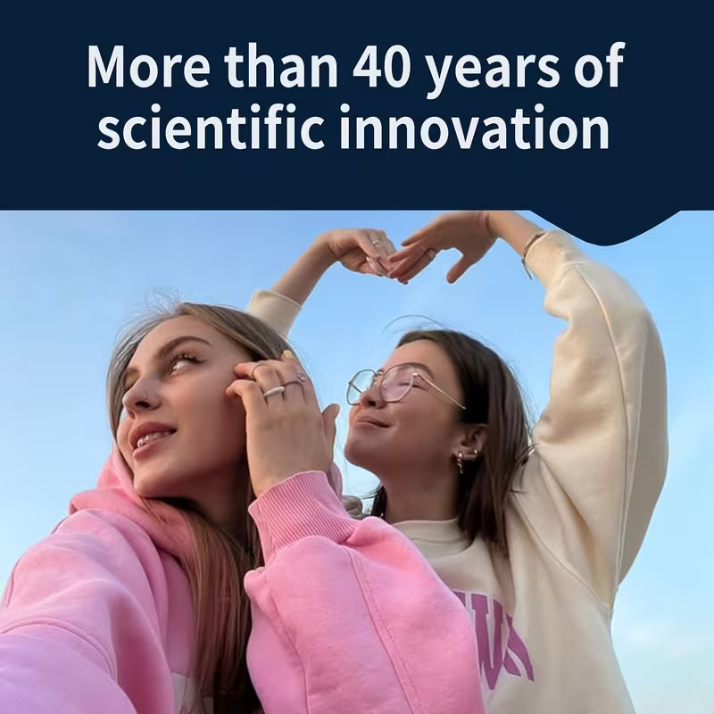 Two people making a heart shape with their hands against a blue sky, with text about scientific innovation.