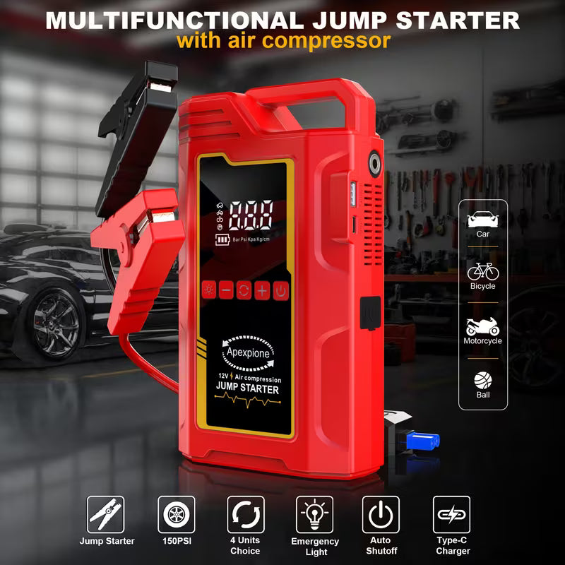 Red multifunctional jump starter with air compressor in a garage setting