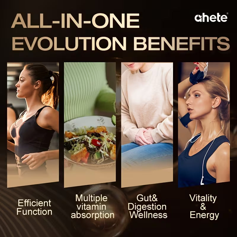 Promotional graphic for 'All-in-One Evolution Benefits' with images of a woman exercising, eating, sitting, and exercising again, along with text highlighting benefits.