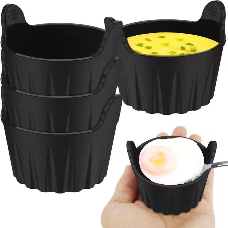 Black egg cups with different contents on a white background