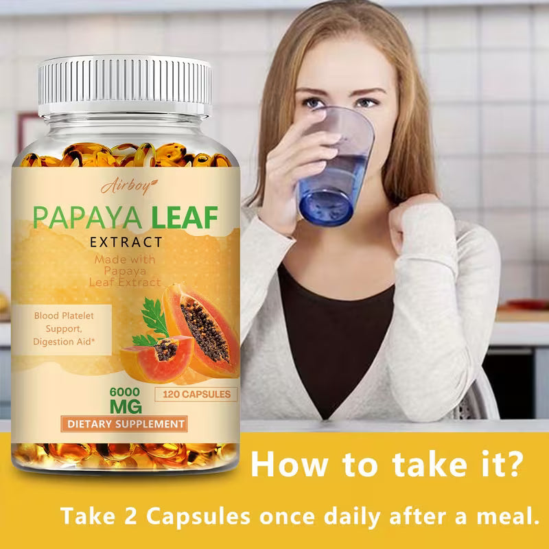 Supplement bottle labeled 'Papaya Leaf Extract' with a woman drinking water in the background.