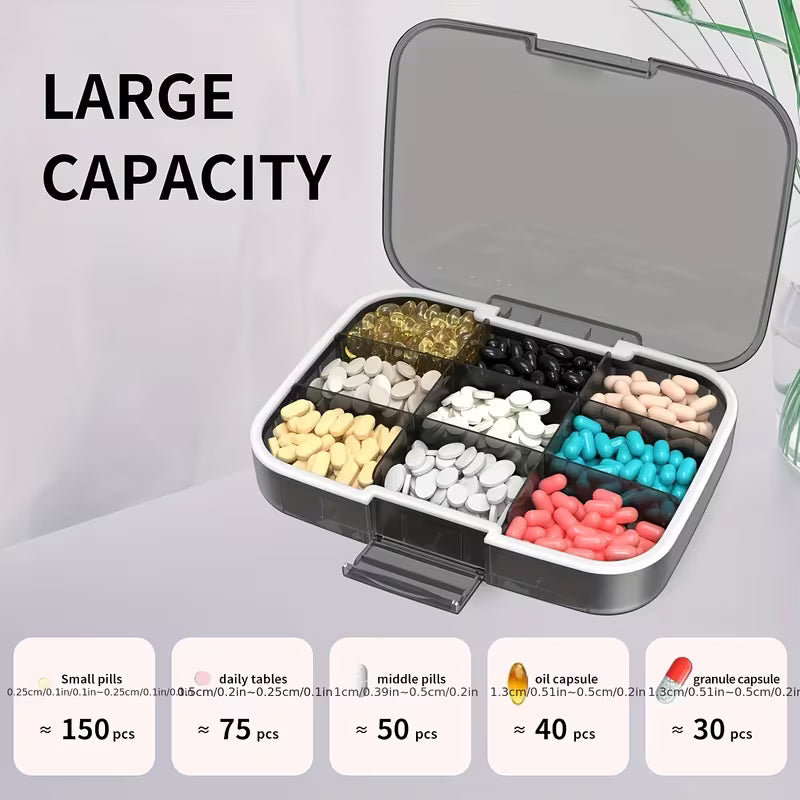 Pill organizer with compartments filled with different types of pills on a white background