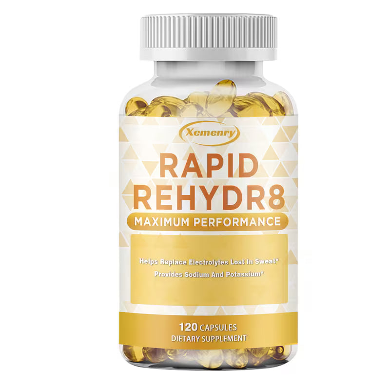 Bottle of Xemenry Rapid Rehydr8 dietary supplement on a white background