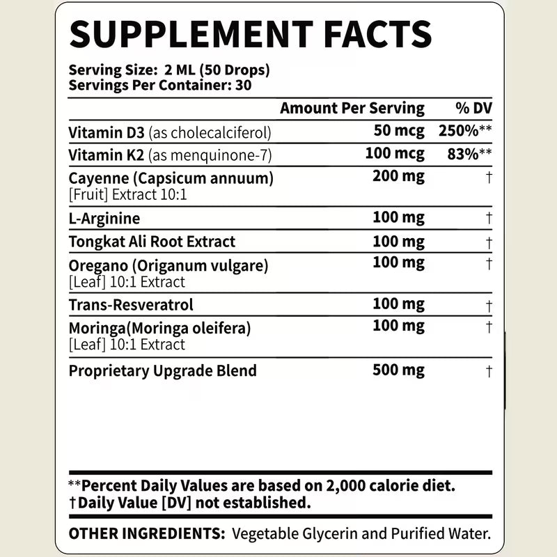 Supplement facts label with various vitamins and extracts listed on a beige background