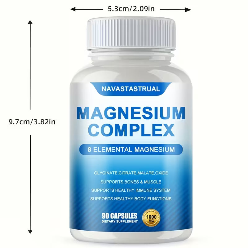 Navastastral Magnesium Complex supplement bottle with dimensions on a white background