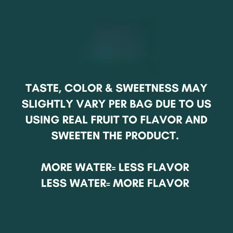 Text on a green background explaining taste, color, and sweetness variations due to fruit use.