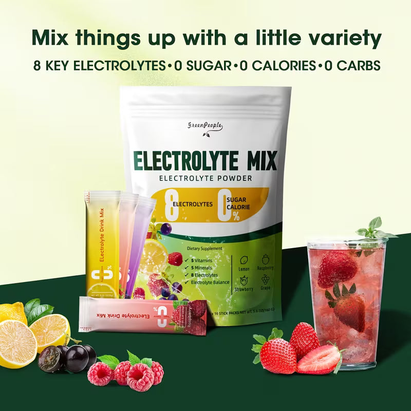Electrolyte mix packaging with a drink and ingredients on a green background