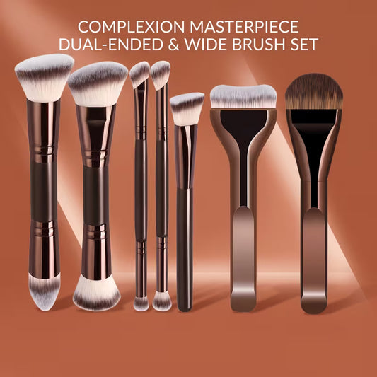 Set of dual-ended makeup brushes with a brown gradient background