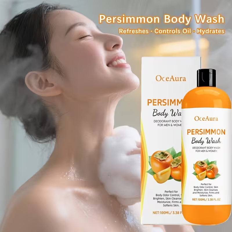 Woman showering with OceAura Persimmon Body Wash displayed prominently.
