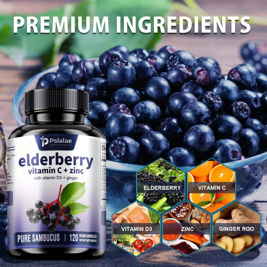 Elderberry with Vitamin C, D3, Ginger Root – 120ct Peaceful Pleasures