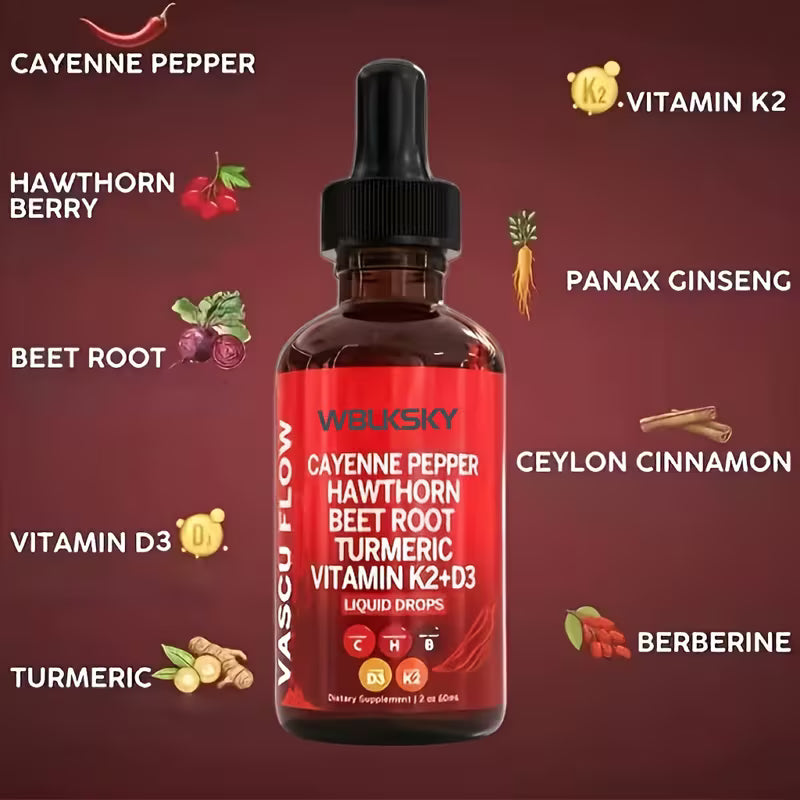 Vials of VASCU FLOW supplement with ingredients listed on a red background