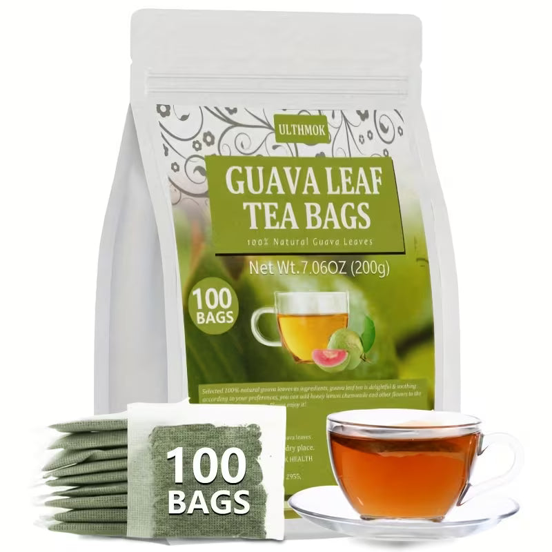 Guava leaf tea bags packaging with a cup of tea on a white background