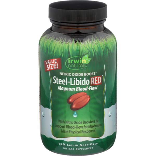 Supplement bottle labeled 'Steel-Libido RED' by Irwin Naturals on a white background