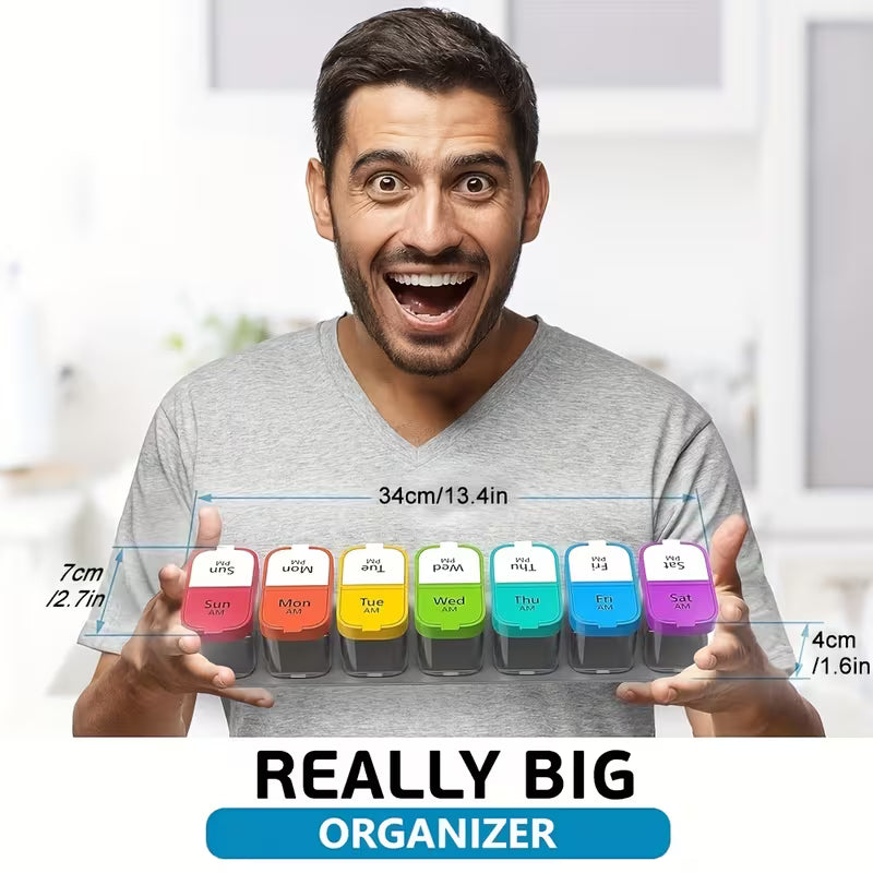 Man holding a colorful weekly planner organizer with measurements indicated.