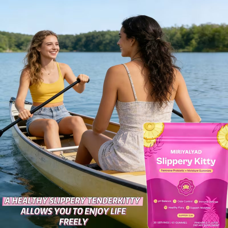 Two women in a canoe on a lake with a product package for 'Slippery Kitty' in the foreground.