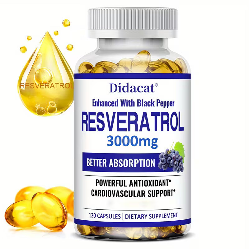 Bottle of Didacat Resveratrol 3000mg dietary supplement with capsules and a droplet graphic on a white background.