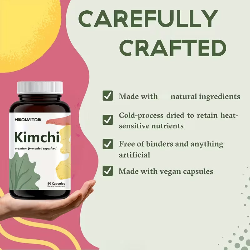 Healvitas Kimchi supplement bottle with product details on a colorful background