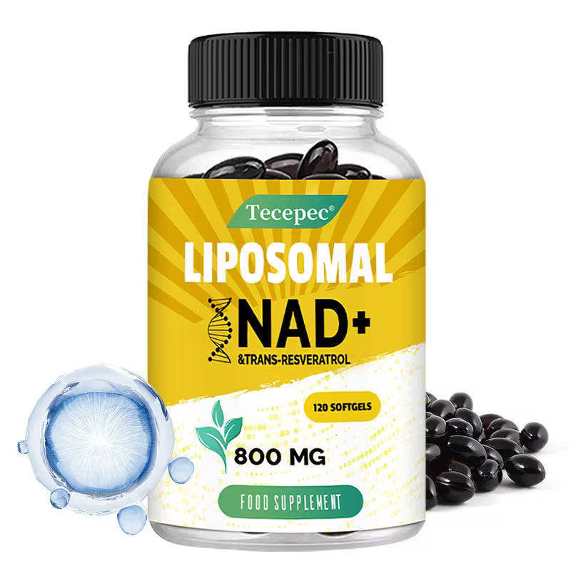 Tecepec Liposomal NAD+ supplement bottle with label and capsules on a white background