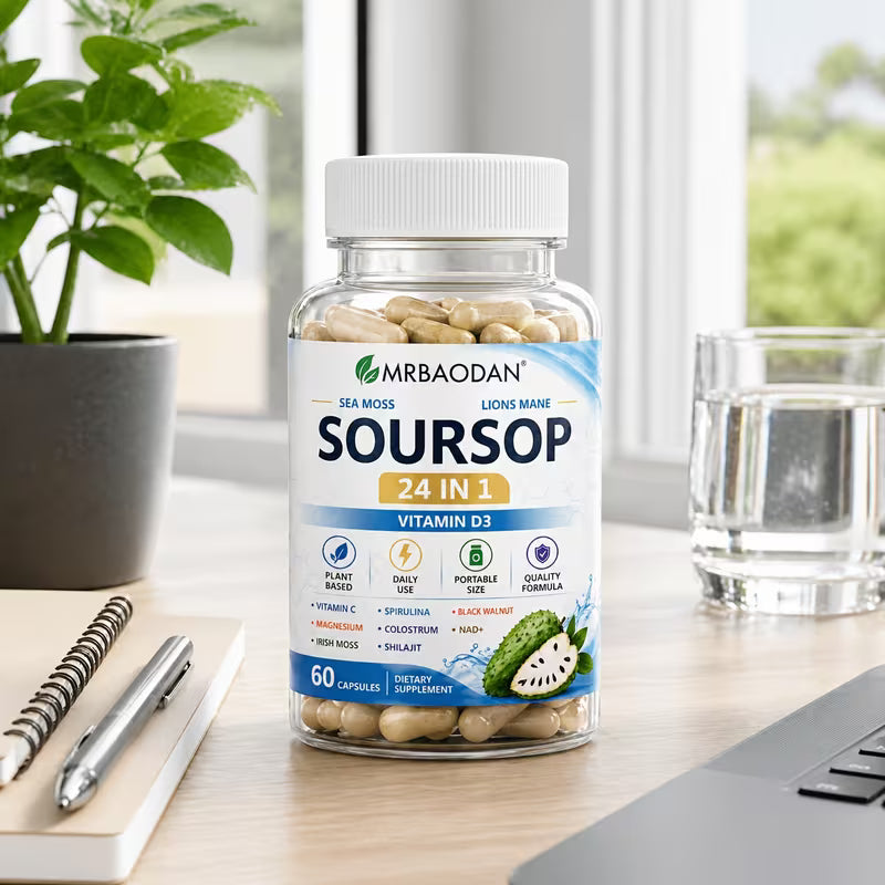 Supplement bottle labeled 'Soursop' on a desk with a plant and glass in the background
