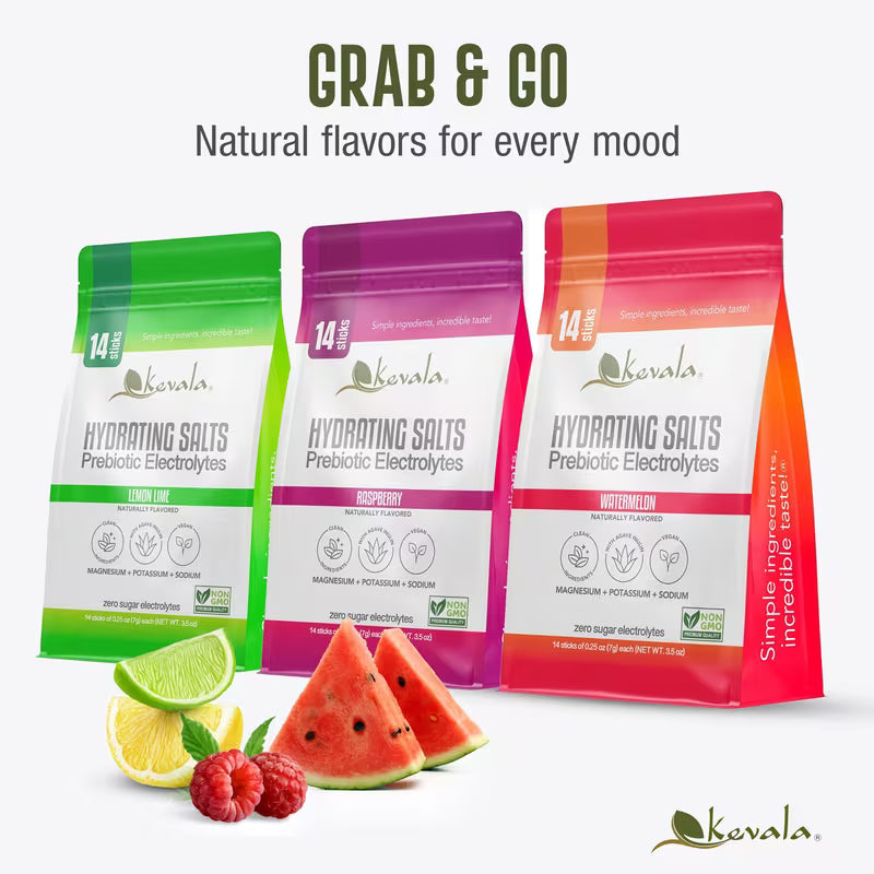 Three packages of Kevala hydrating salts with colorful packaging and fruit illustrations on a white background.