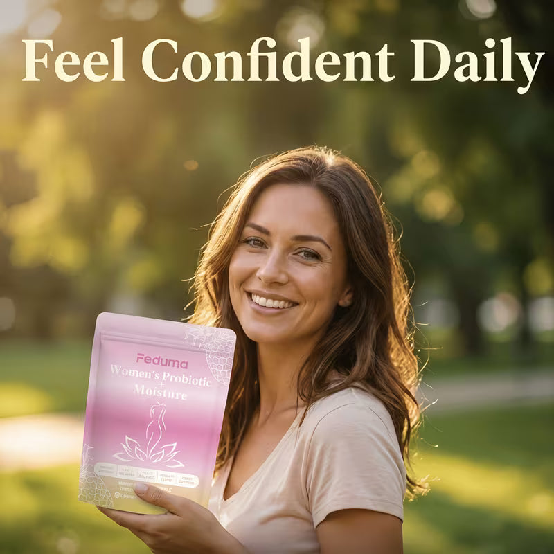 Woman holding a product package with 'Feel Confident Daily' text in an outdoor setting