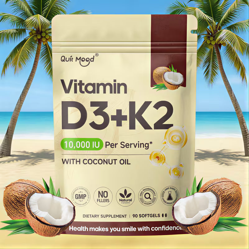 Vitamin D3+K2 supplement package with coconut oil on a beach background