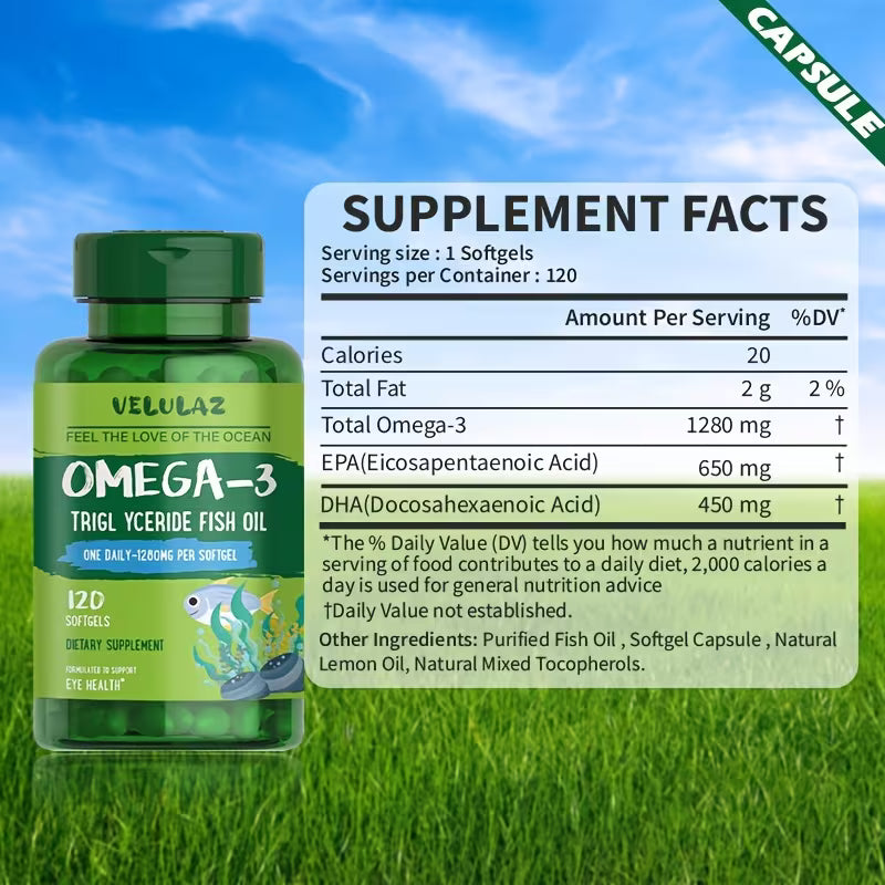 Velula2 Omega-3 supplement bottle with supplement facts label on a grass and sky background