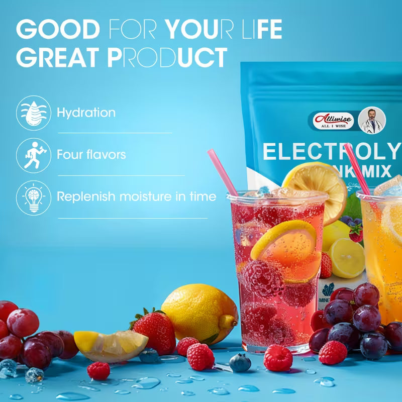 Electrolyte drink mix packaging with fruit and drinks on a blue background