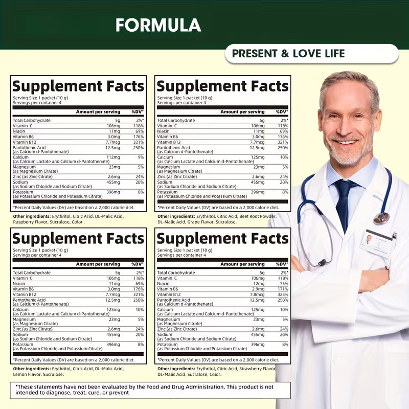 Supplement facts label with a doctor in a white coat on a green and beige background
