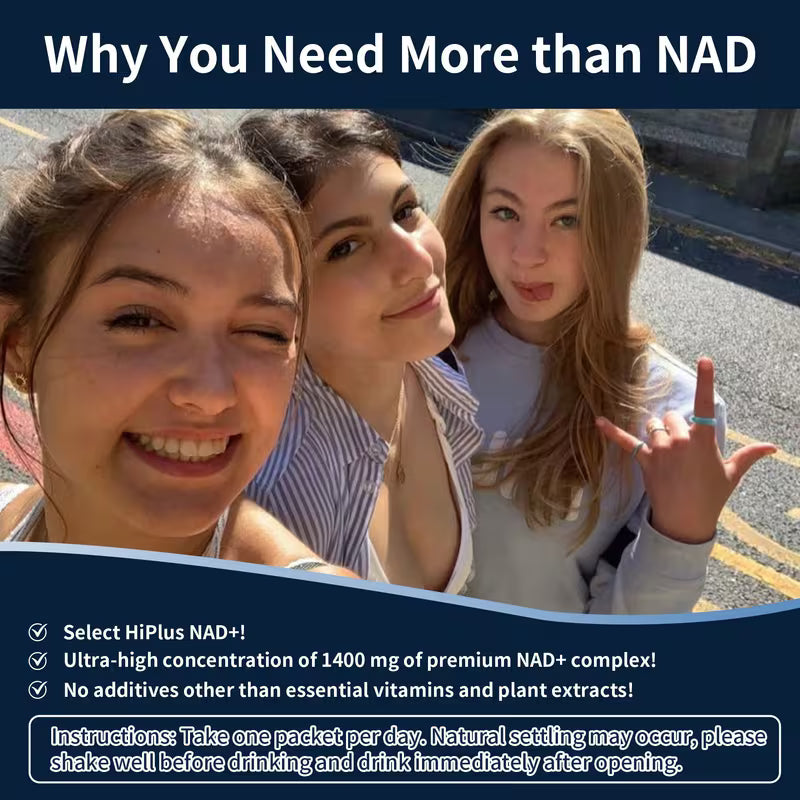 Three women posing outdoors with promotional text about NAD supplement.