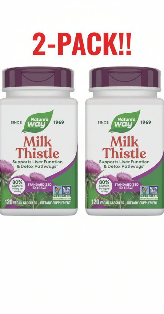 Two Nature's Way Milk Thistle Extract 120-count bottles side-by-side, emphasizing the value of the double pack for consistent liver health support.
