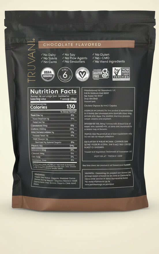 Close-up shot of the Truvani Chocolate Protein Powder nutrition facts and ingredient list, emphasizing the organic cocoa and vegan status.